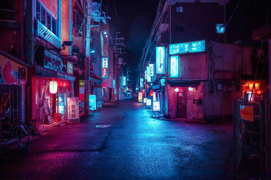 Города Японии ночью. Черный мир неона